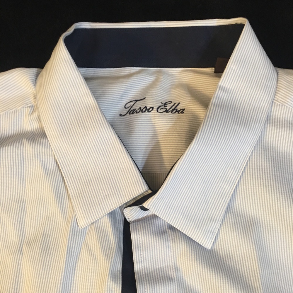 Tasso Elba blue and white striped shirt.